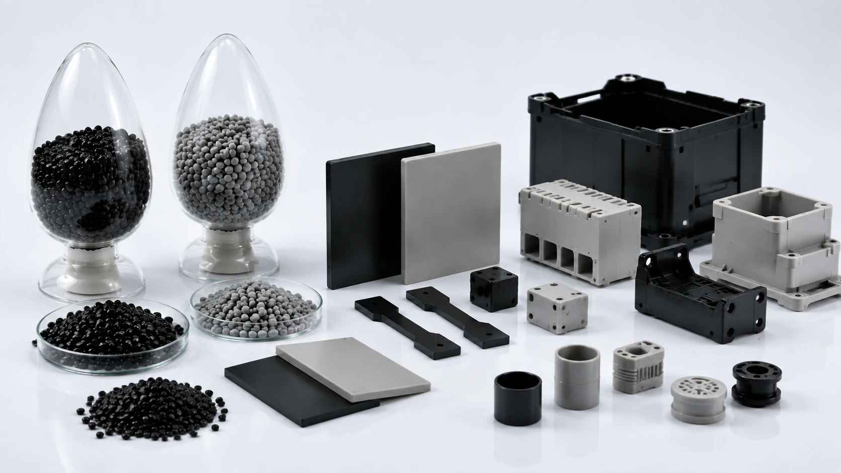 Flame retardant ABS material overview with polymer pellets and molded electrical components