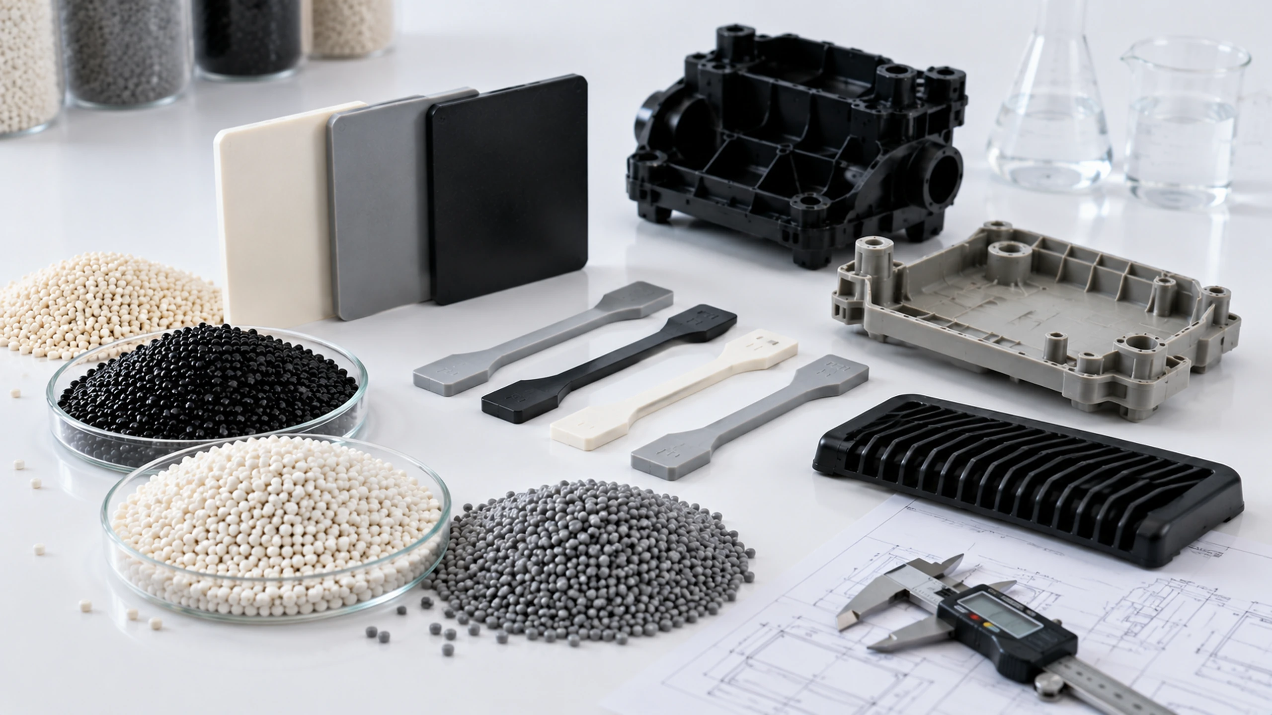 Custom flame retardant PP material development with polymer pellets, molded specimens and engineering component evaluation