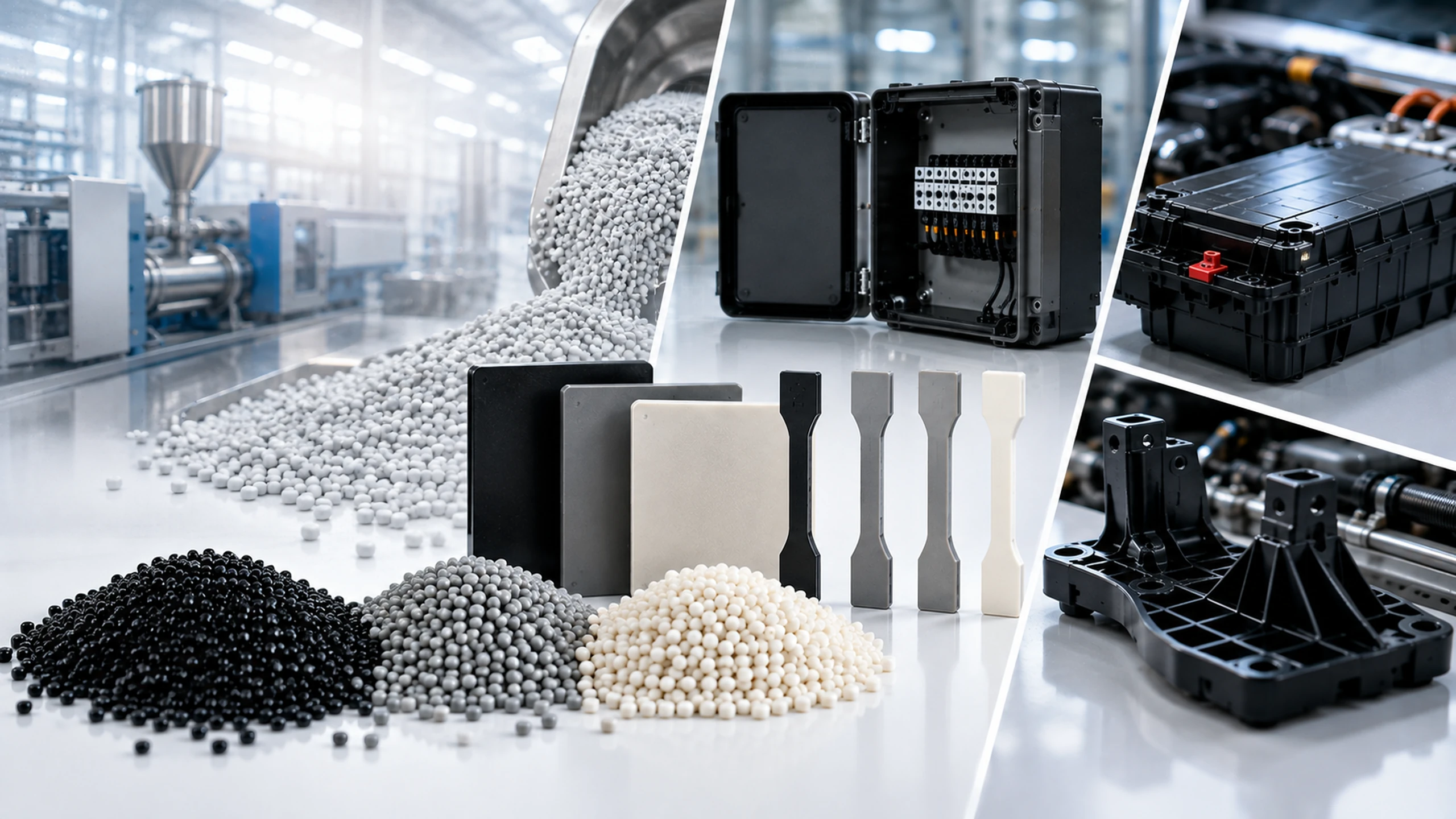Flame retardant PP material solution with polypropylene pellets, molded specimens and electrical, battery and lightweight industrial components