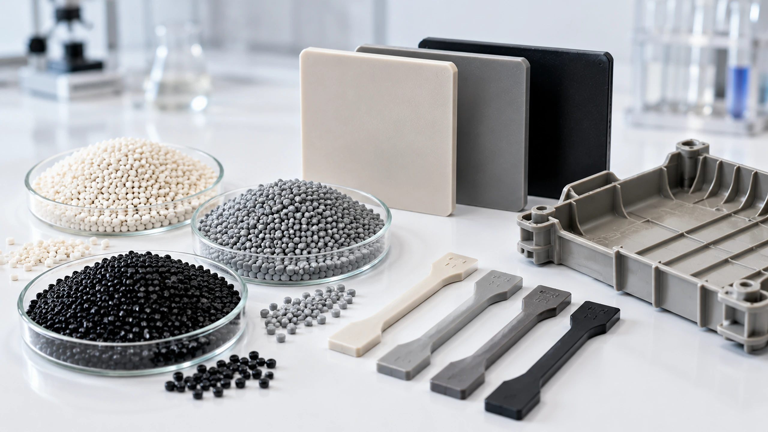 Flame retardant PP material overview with polypropylene pellets, molded test specimens and injection molded samples