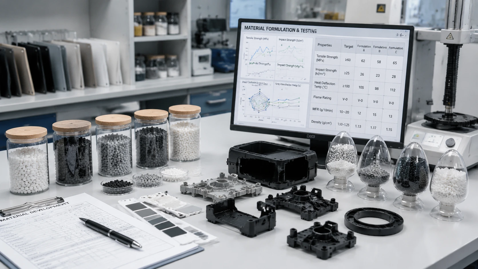 Custom modified plastics development with formulation testing and prototype evaluation