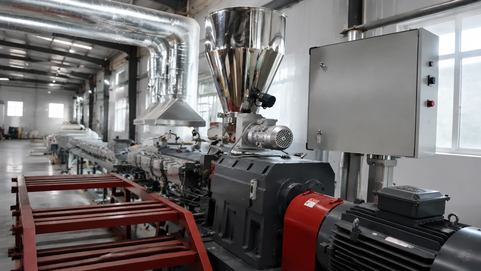Twin screw compounding extrusion line for engineered polymer material manufacturing